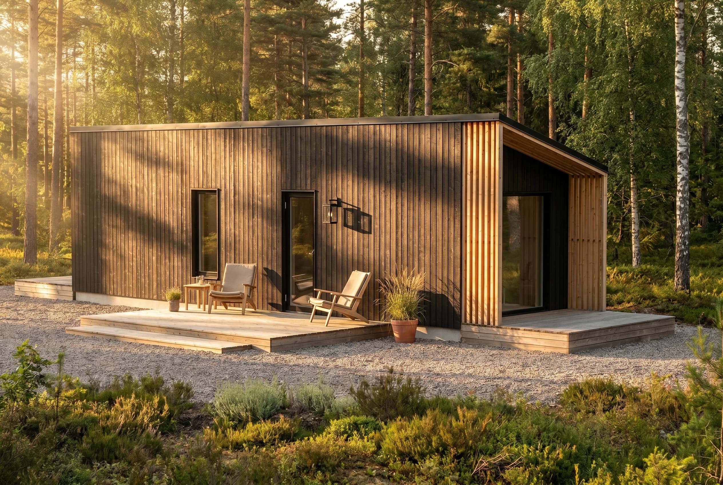 Freja — 3×10m pulpettak, mörkt svedd furu, gyllene äng
