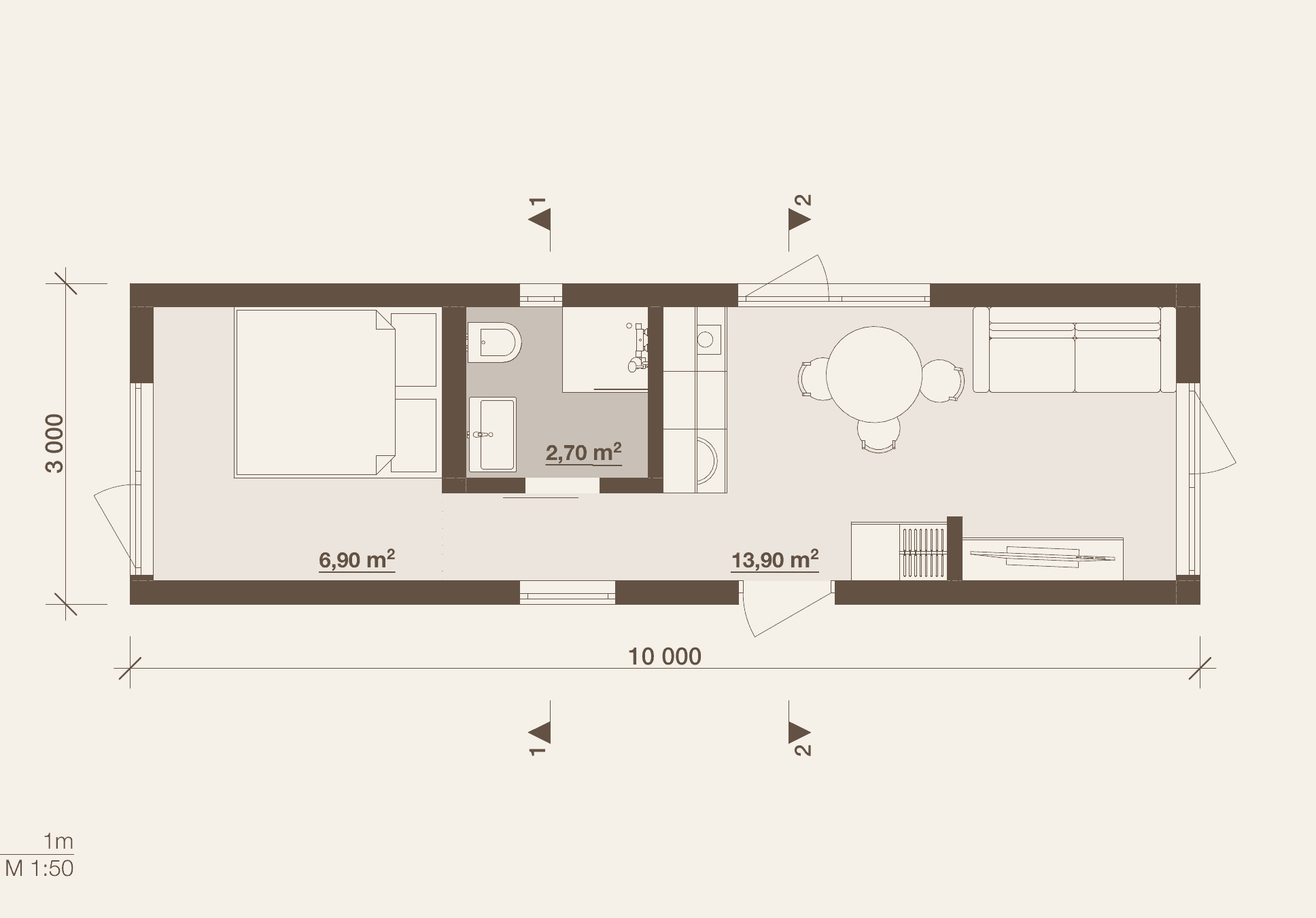 Freja — planritning med sovrum, badrum och kök/vardagsrum, 10 × 3 m