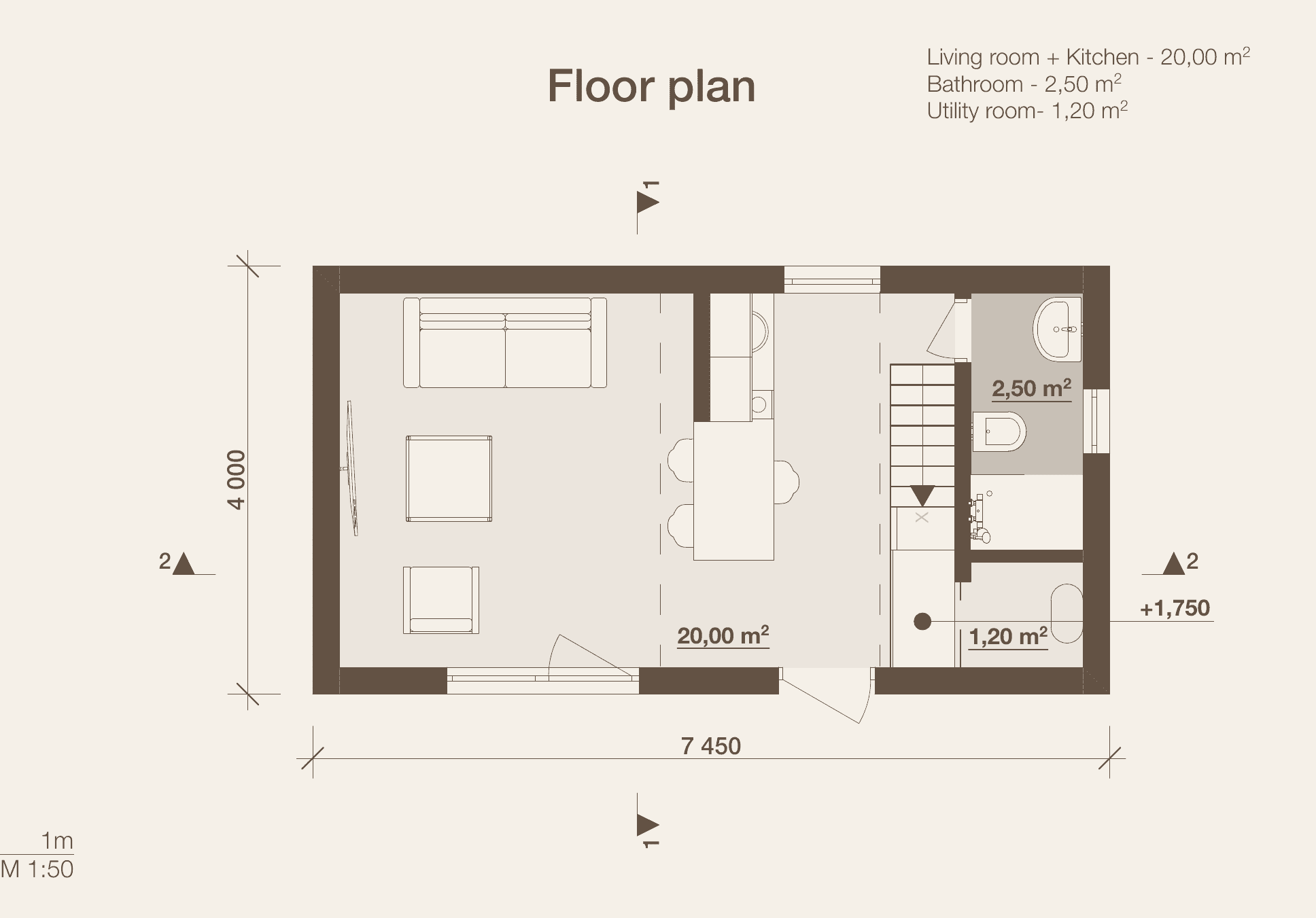 Saga 30 — planritning bottenvåning 4,0 × 7,45 m, vardagsrum+kök 20 m², badrum 2,5 m², förråd 1,2 m²