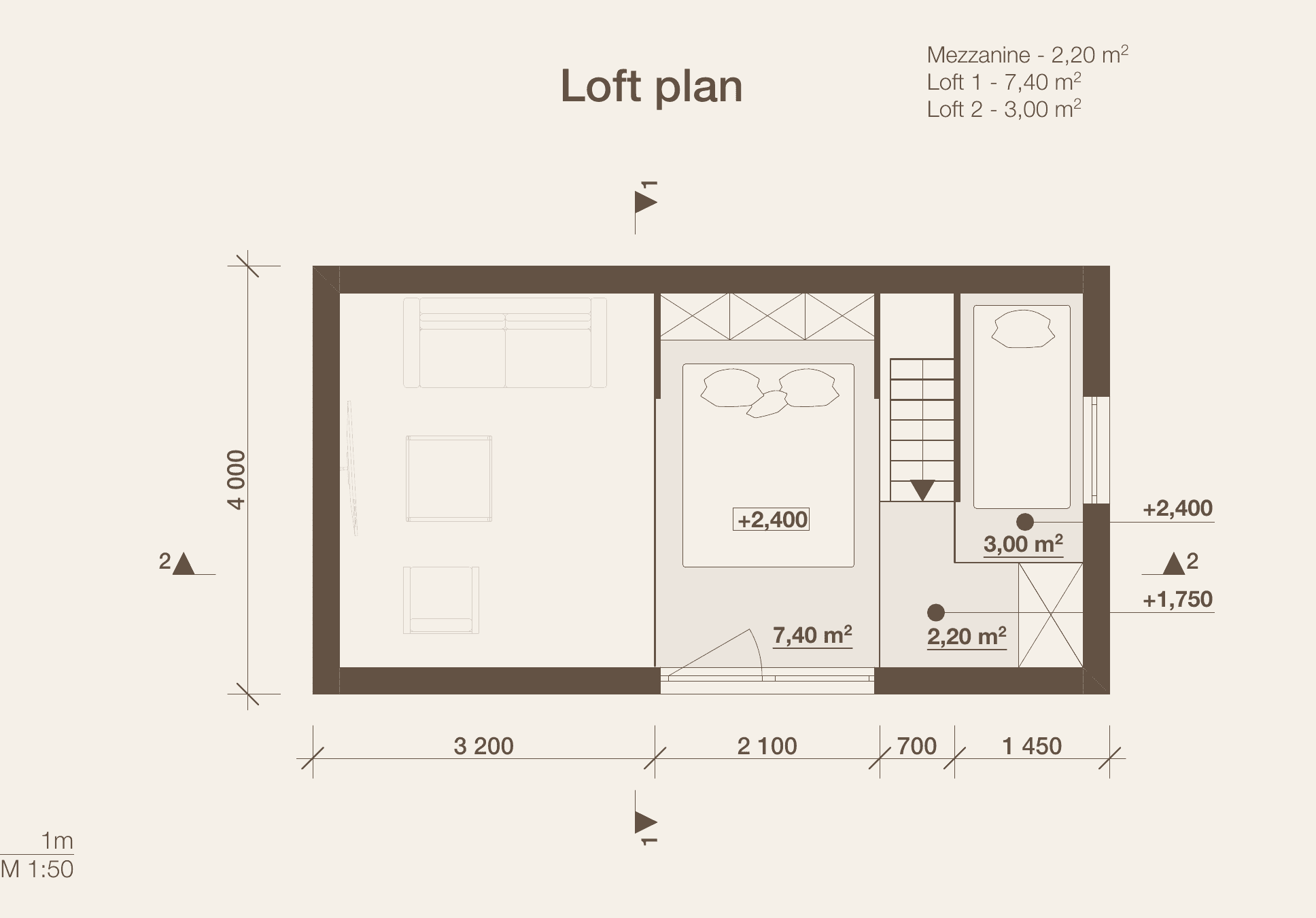 Saga 30 — loftritning med mezzanin och två loftytor, 4,0 × 7,45 m
