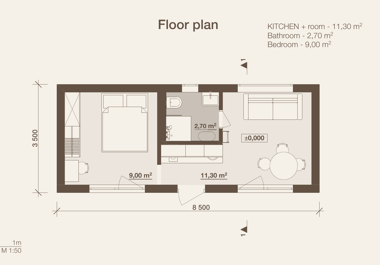 Loke 30 — planritning med sovrum, badrum och kök/vardagsrum, 8,5 × 3,5 m