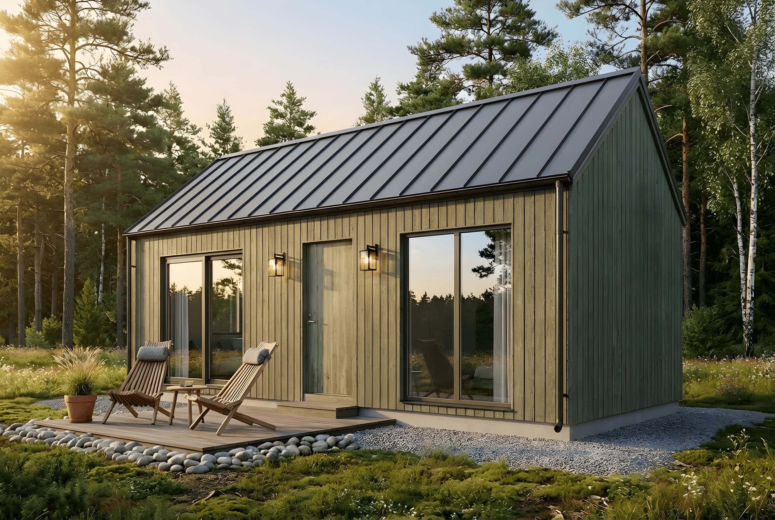 Loke — tiny house i hampa och naturlig lera, V-tak, vitriolgrön fasad, gyllene skog