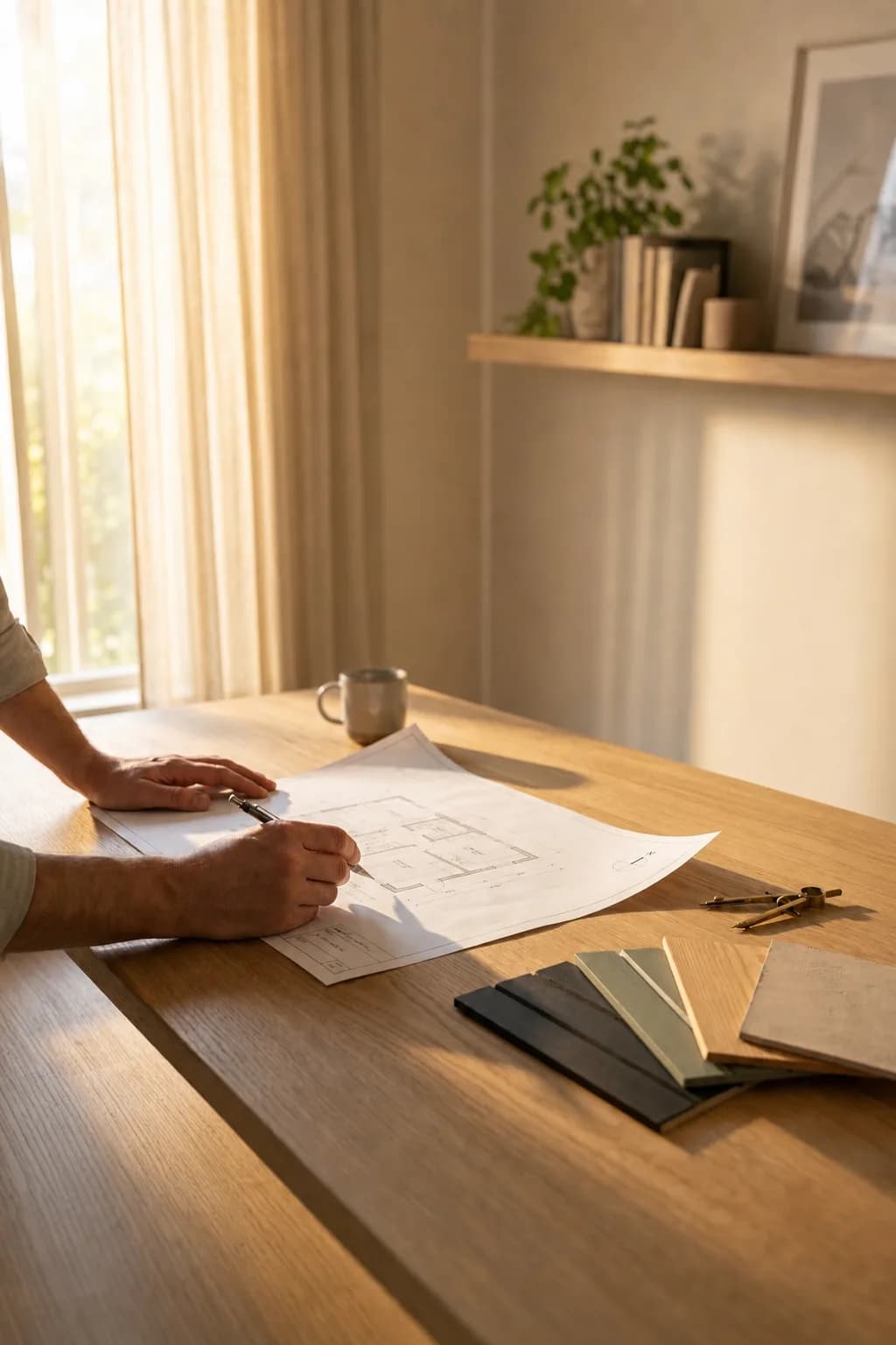 Planering — ritbord med planlösning och materialprover