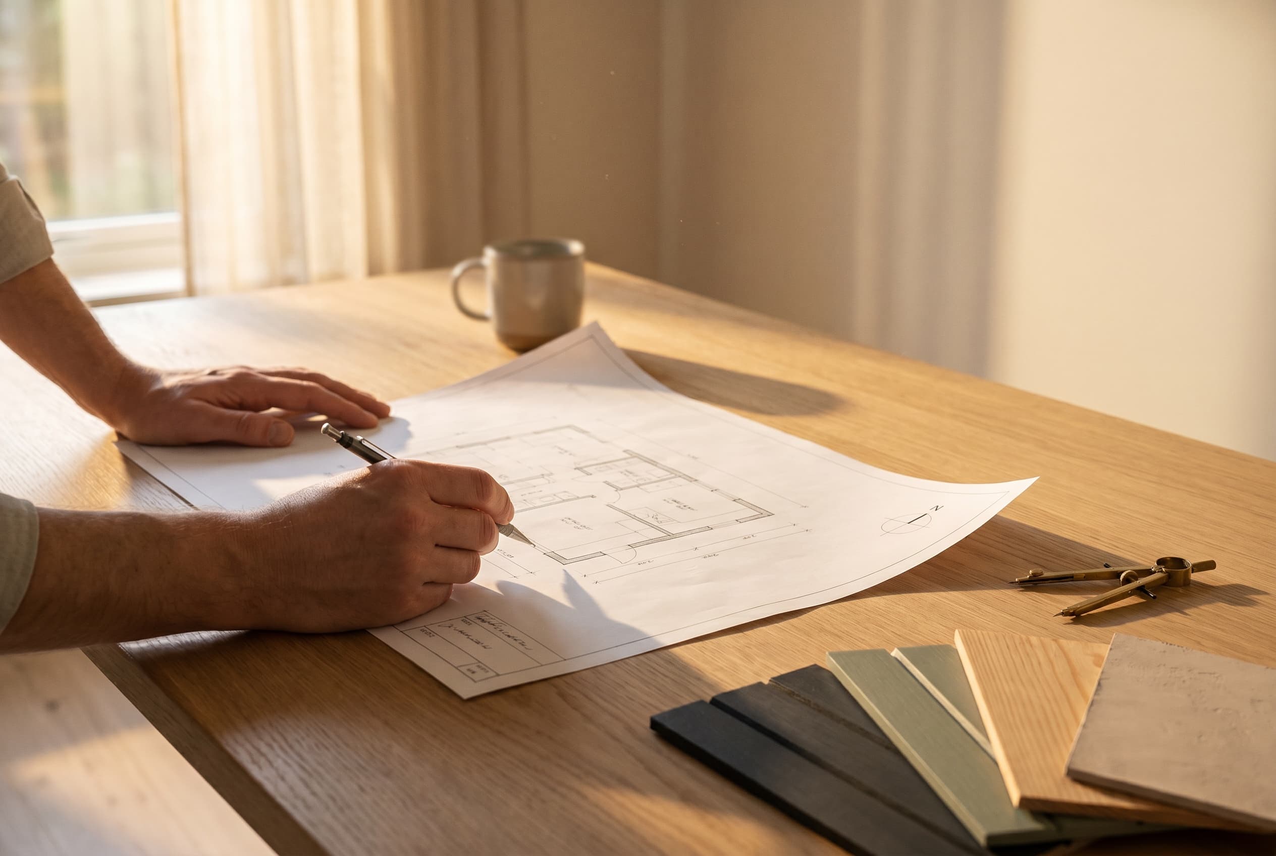 Planering — ritbord med planlösning och materialprover