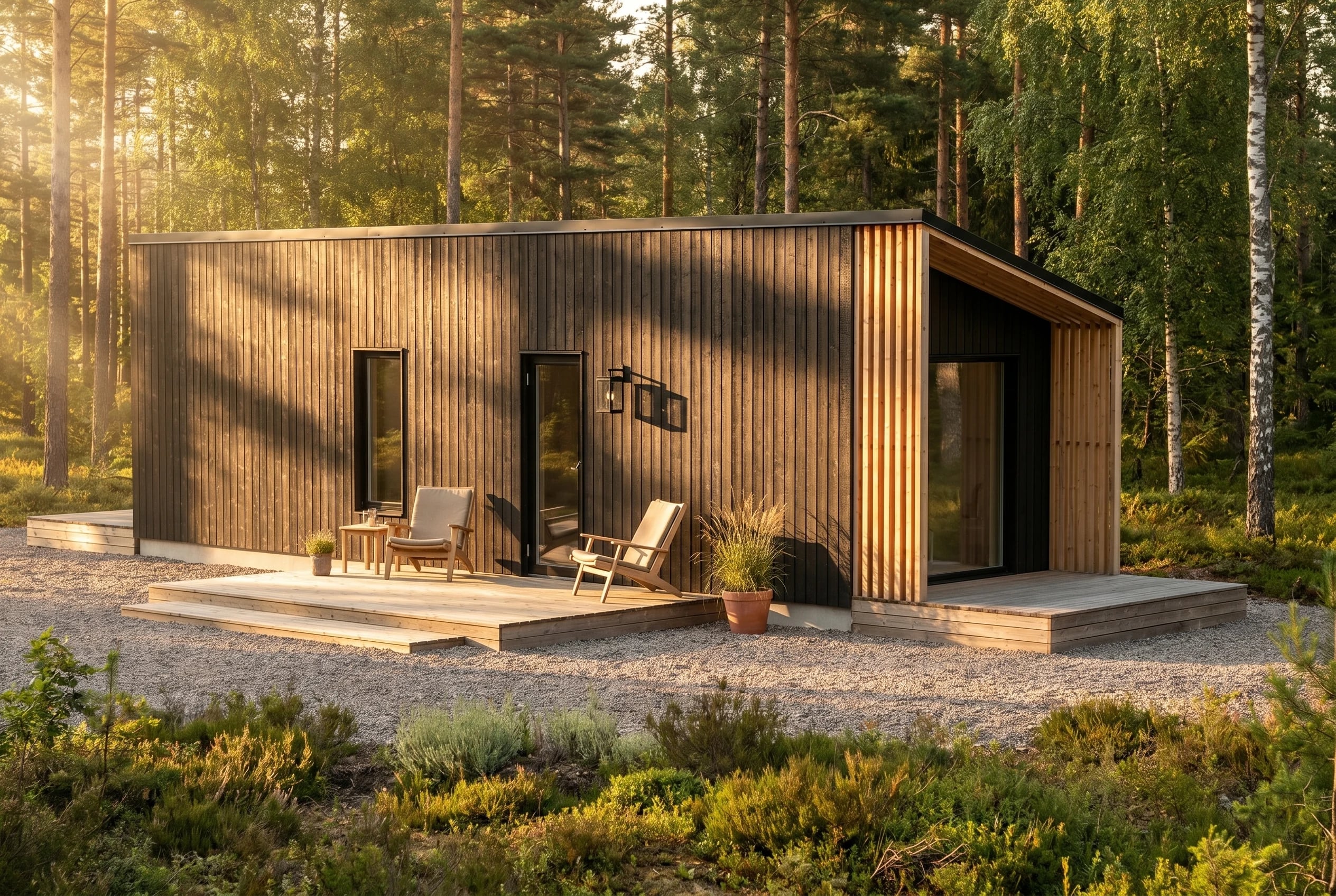 Freja — 3×10m pulpettak, mörkt svedd furu, gyllene äng