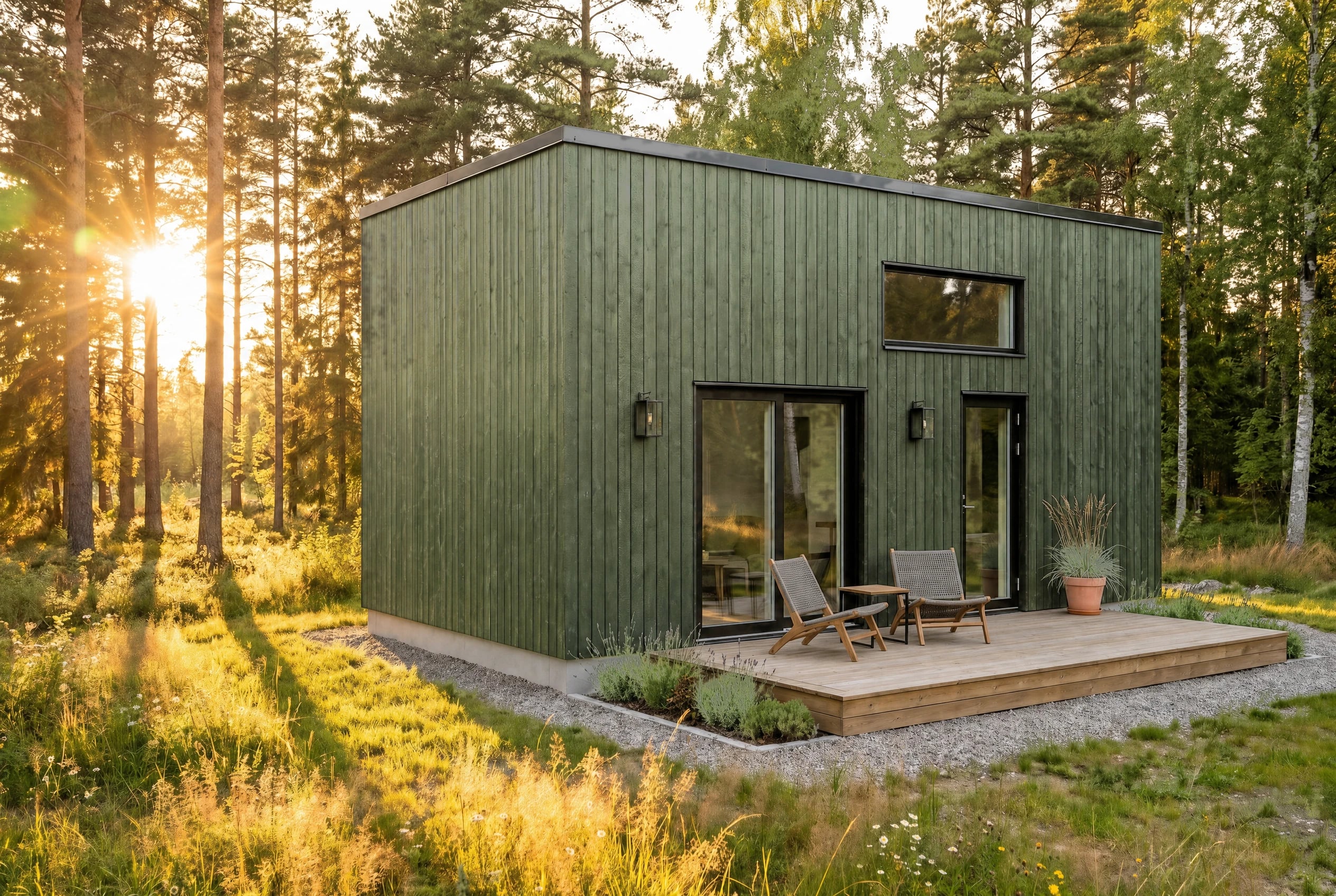 Saga — 4×7.45m platt tak, vitriolgrön vertikal panel, gyllene äng
