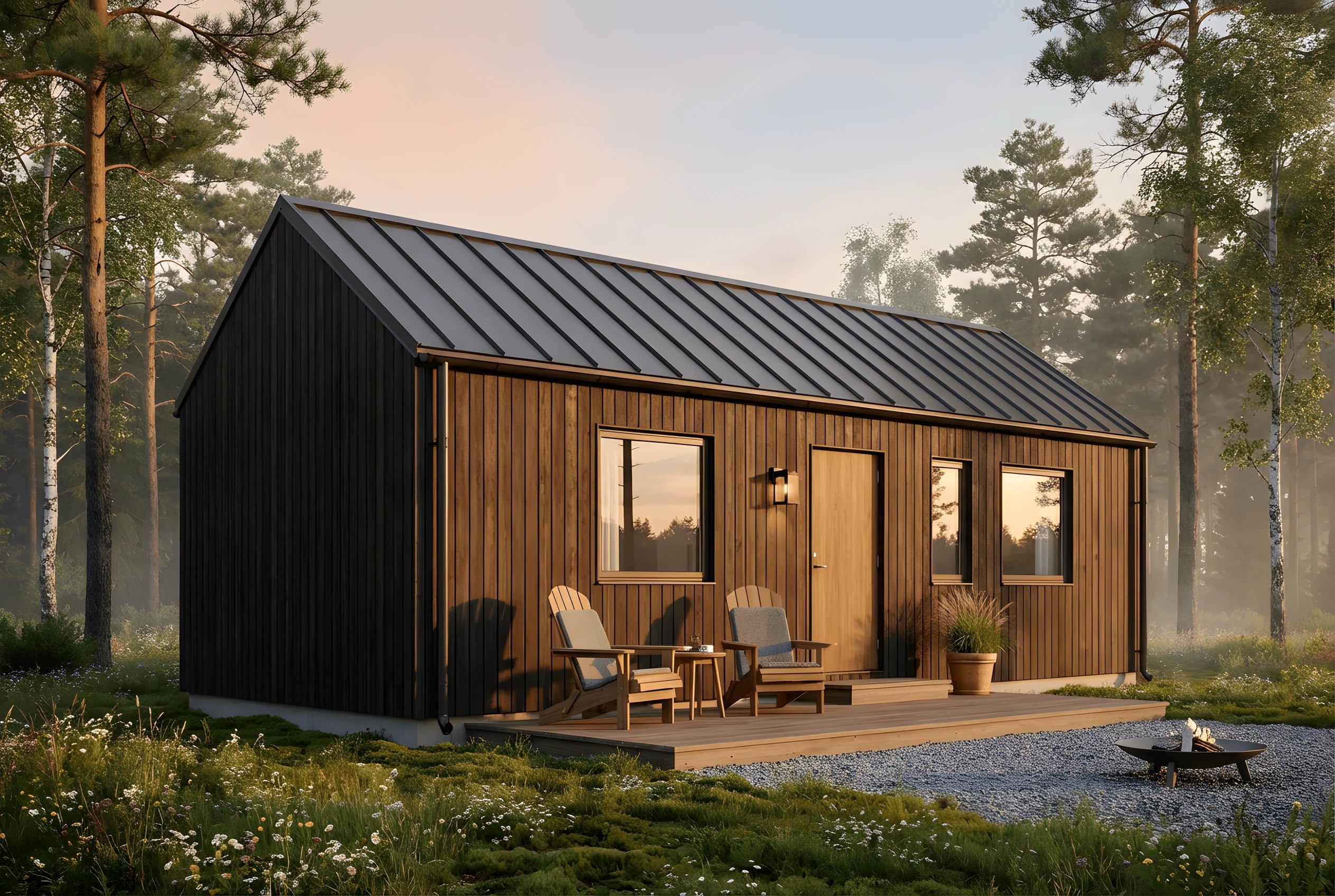 Saga — 4×12m flackt sadeltak, mörkt svedd furu vertikal panel, gyllene skog