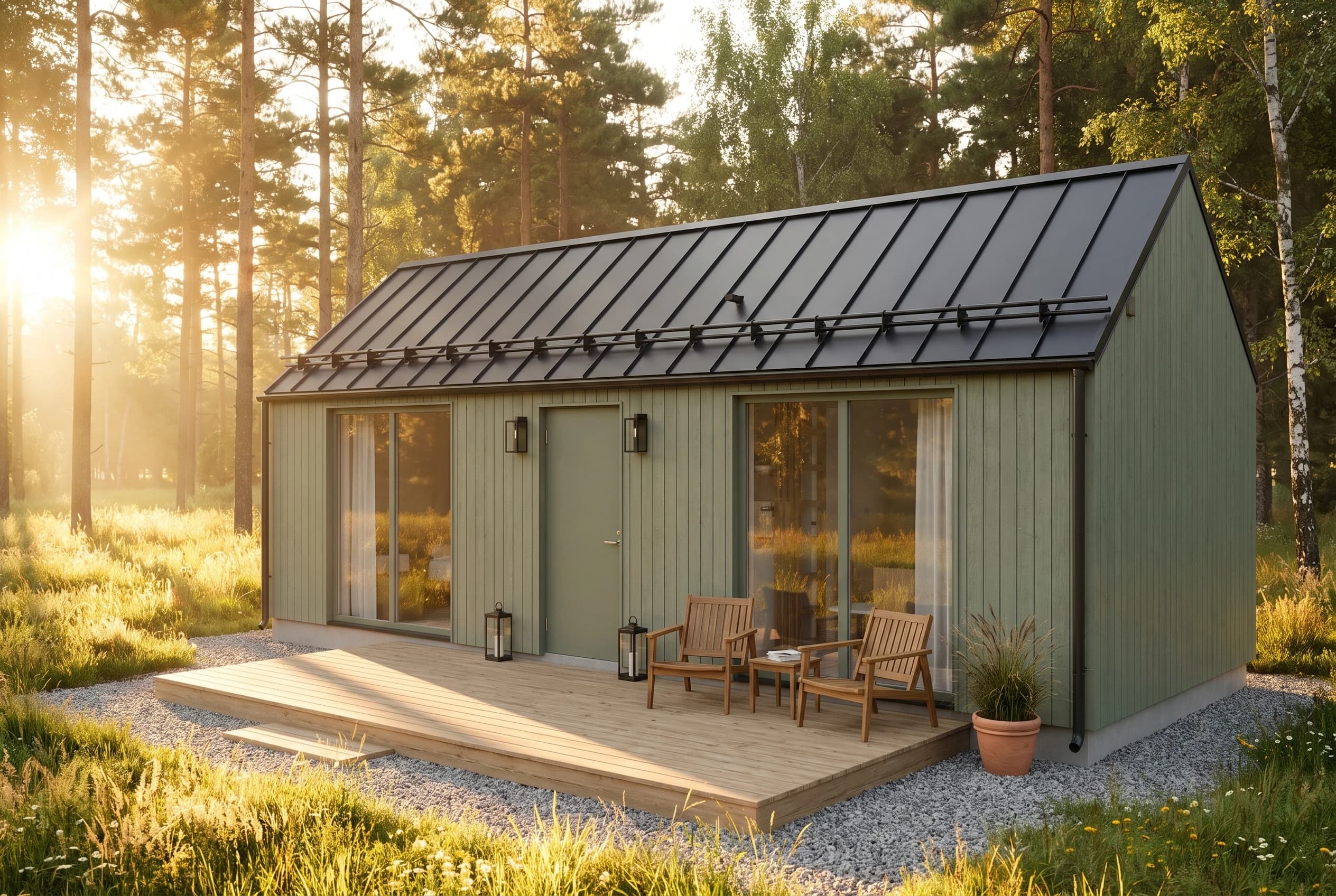 Loke — tiny house i hampa och naturlig lera, V-tak, vitriolgrön fasad, gyllene skog